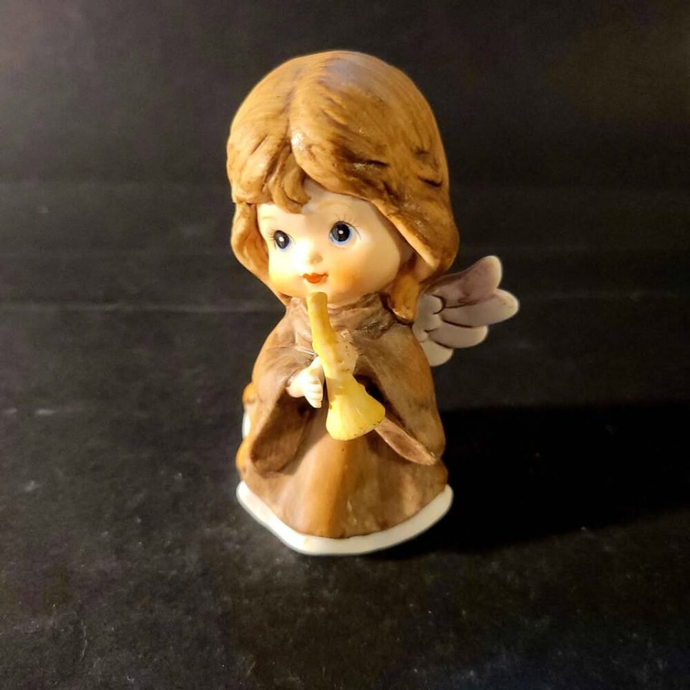 Vintage Angel Figurine Porcelain Bisque 4” Tall Playing A Horn